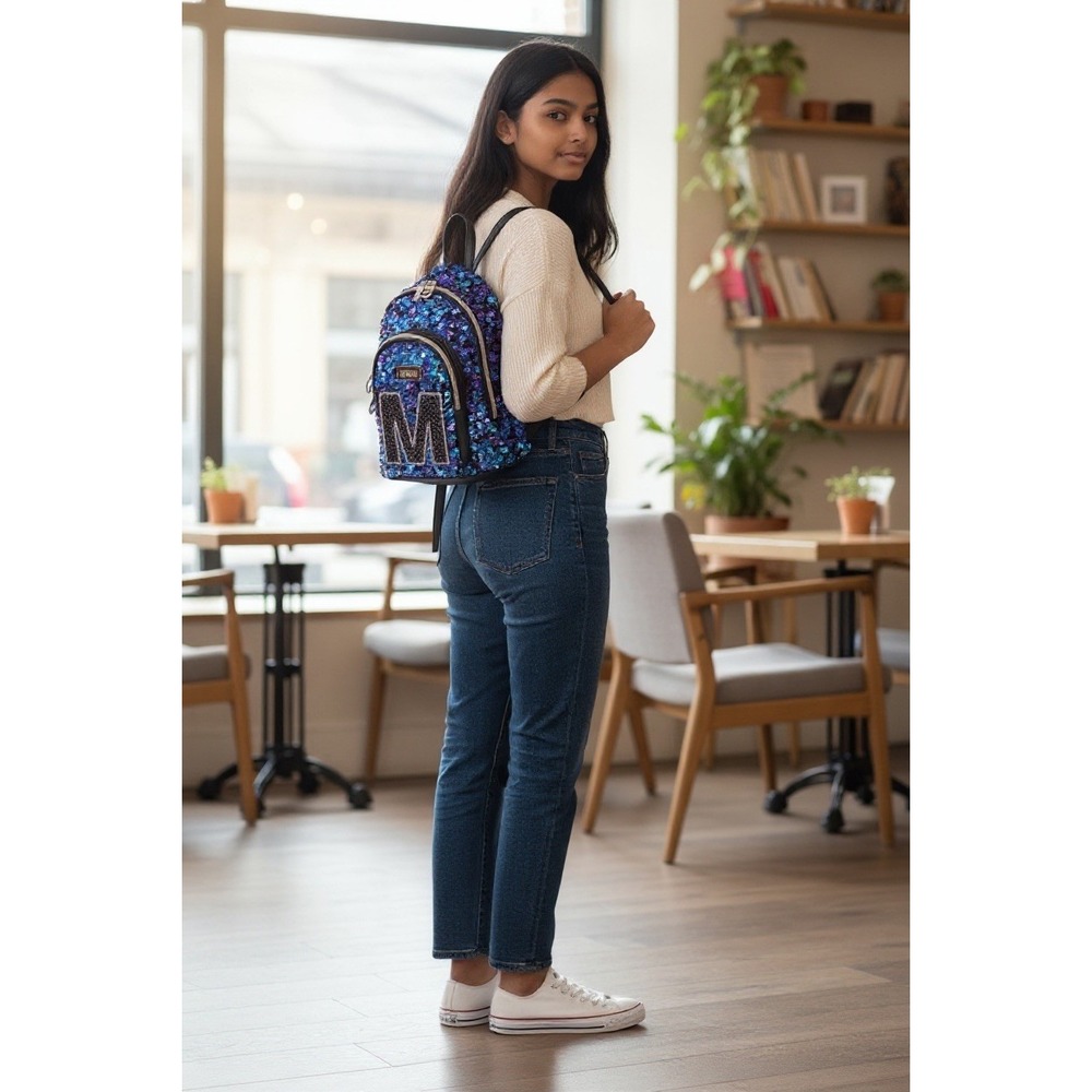 Justice Backpack Purple Black‎ Sequin EUC